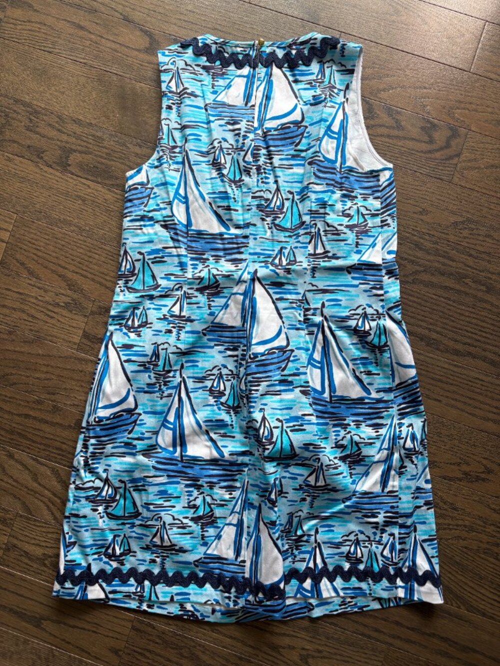 Blue Printed Shift Dress - Ric Rac Trim - Picture 3 of 4
